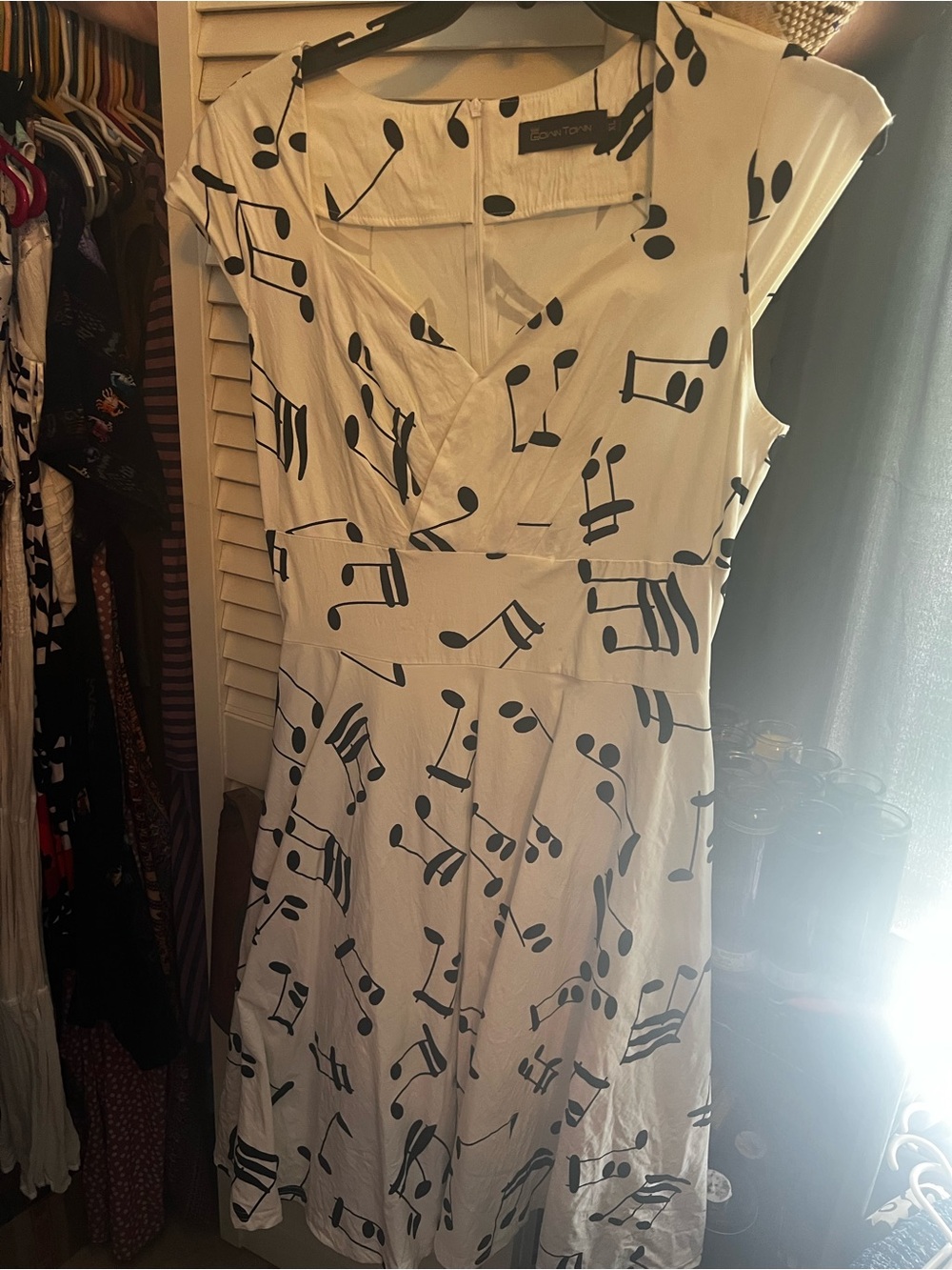 Ivory Midi Dress with Black Musical Note Print - Women